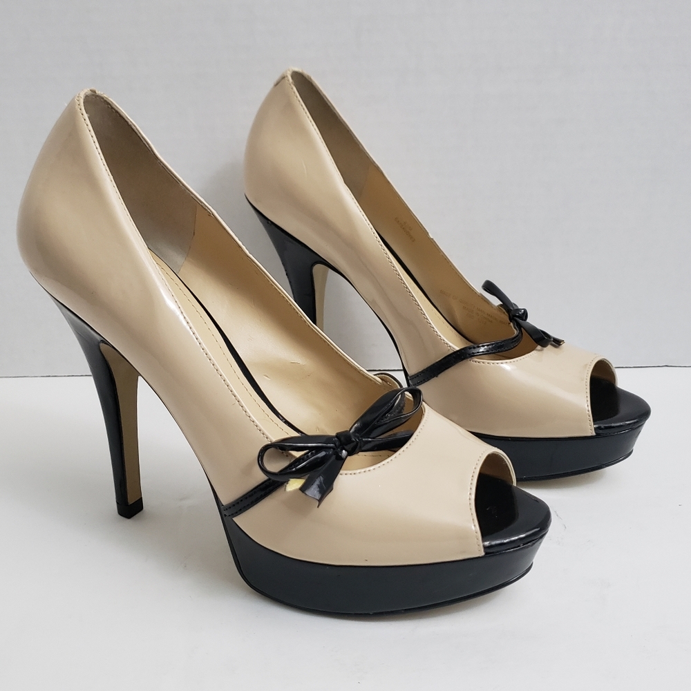 Size 6.5 Enzo Angiolini Nude Black Open Toe Stiletto Heel Pumps